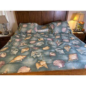 Vtg  Dan Rivers Seashell Comforter F/Q 2 Shams Bed Skirt ARBB Coastal Home 86x89